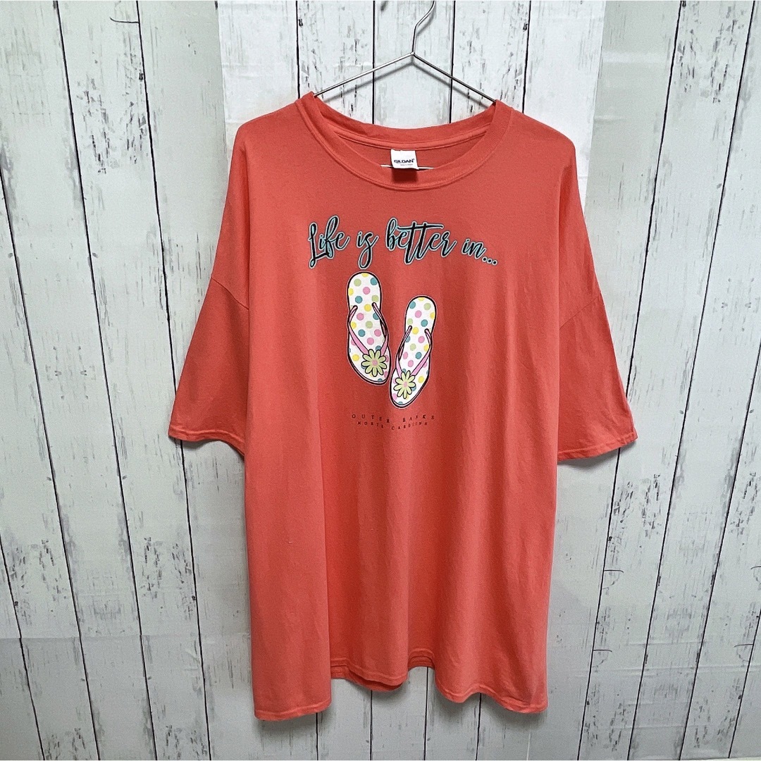 GILDAN(ギルタン)のUSA古着　GILDAN　Tシャツ　XXL　ピンクオレンジ　プリント　コットン メンズのトップス(Tシャツ/カットソー(半袖/袖なし))の商品写真