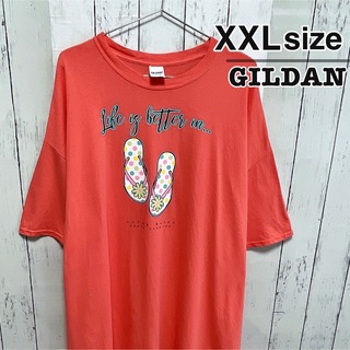 ギルタン(GILDAN)のUSA古着　GILDAN　Tシャツ　XXL　ピンクオレンジ　プリント　コットン(Tシャツ/カットソー(半袖/袖なし))