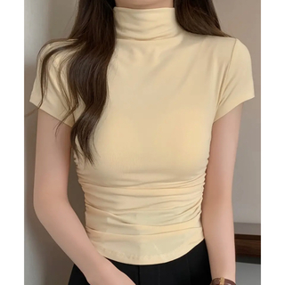 Tシャツ モックネック ベージュ Lサイズ サイドシャーリング(Tシャツ(半袖/袖なし))