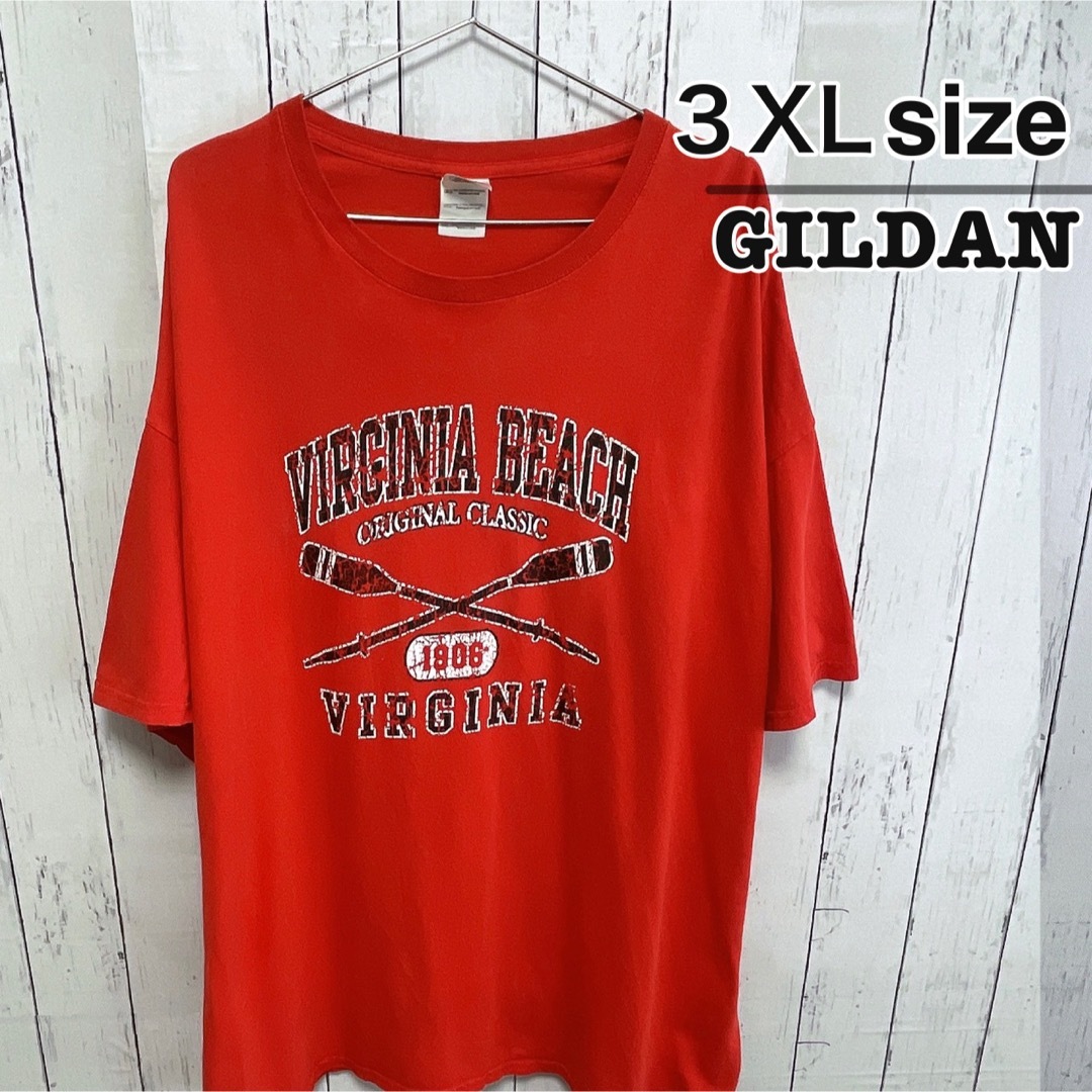 GILDAN(ギルタン)のUSA古着　GILDAN　Tシャツ　3XL　レッド　プリント　ロゴ　クルーネック メンズのトップス(Tシャツ/カットソー(半袖/袖なし))の商品写真