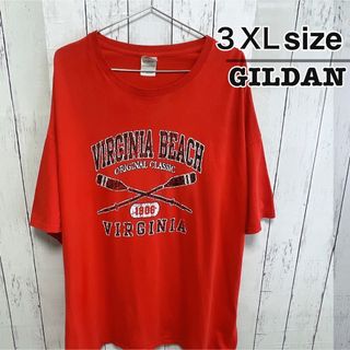 ギルタン(GILDAN)のUSA古着　GILDAN　Tシャツ　3XL　レッド　プリント　ロゴ　クルーネック(Tシャツ/カットソー(半袖/袖なし))