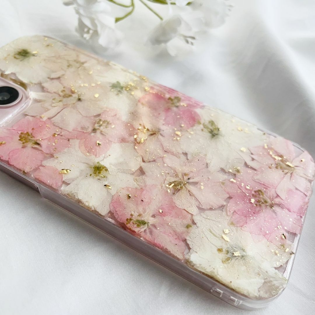 #078 全機種対応　千鳥草　押し花　金箔　キラキラ　スマホケース ハンドメイドのスマホケース/アクセサリー(スマホケース)の商品写真