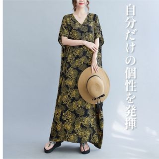 ☆数量限定☆フリーサイズ 金襴風 アジアン ロングワンピース 大きいサイズ(ロングワンピース/マキシワンピース)