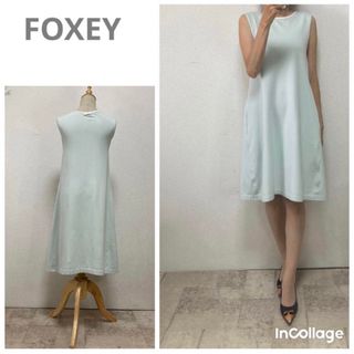 フォクシー(FOXEY)のフォクシーFOXEYバックリボン付ニットワンピ40 ミントグリーン袖無バイカラー(ひざ丈ワンピース)