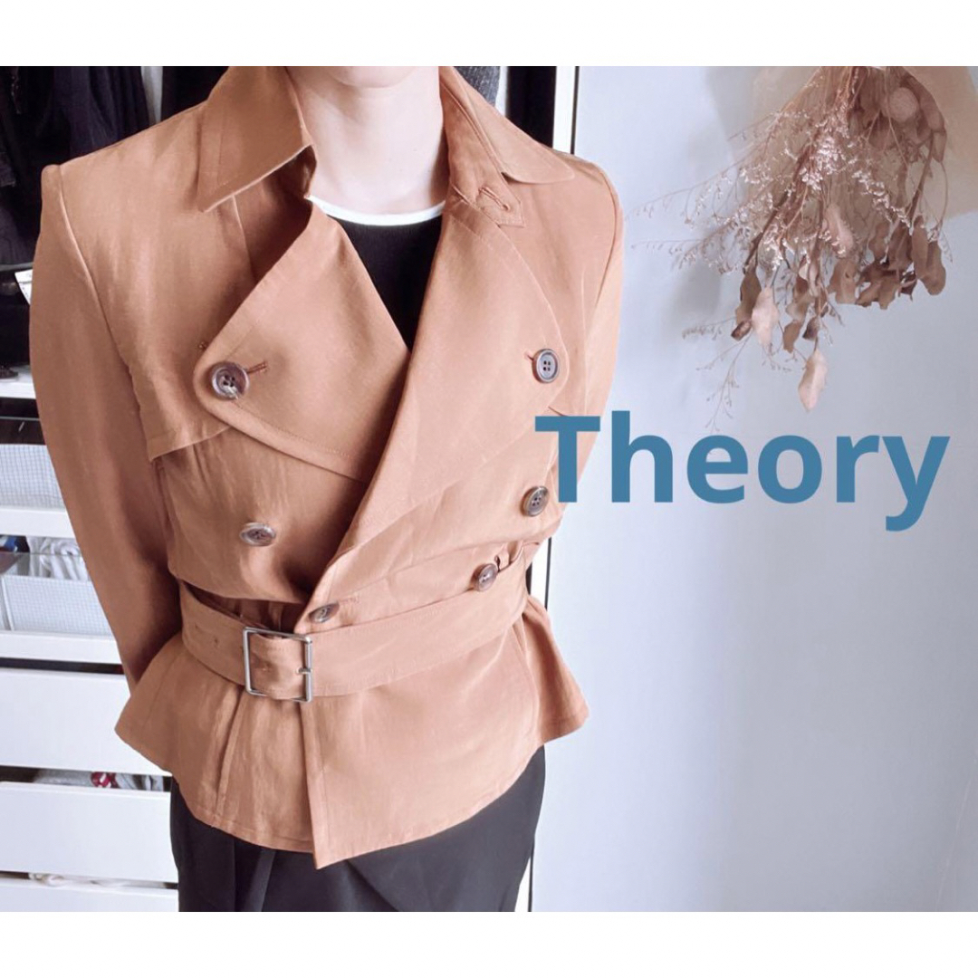 theory(セオリー)の美品　セオリー　ショートトレンチコート　ジャケット　ベルト付き　ダブル　リネン レディースのジャケット/アウター(トレンチコート)の商品写真