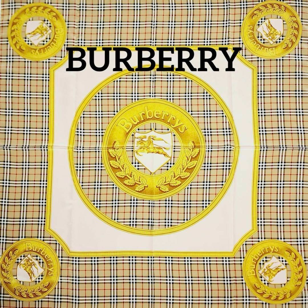 BURBERRY(バーバリー)の極美品★BURBERRY★スカーフ 大判 チェック エンブレム シルク ベージュ レディースのファッション小物(バンダナ/スカーフ)の商品写真