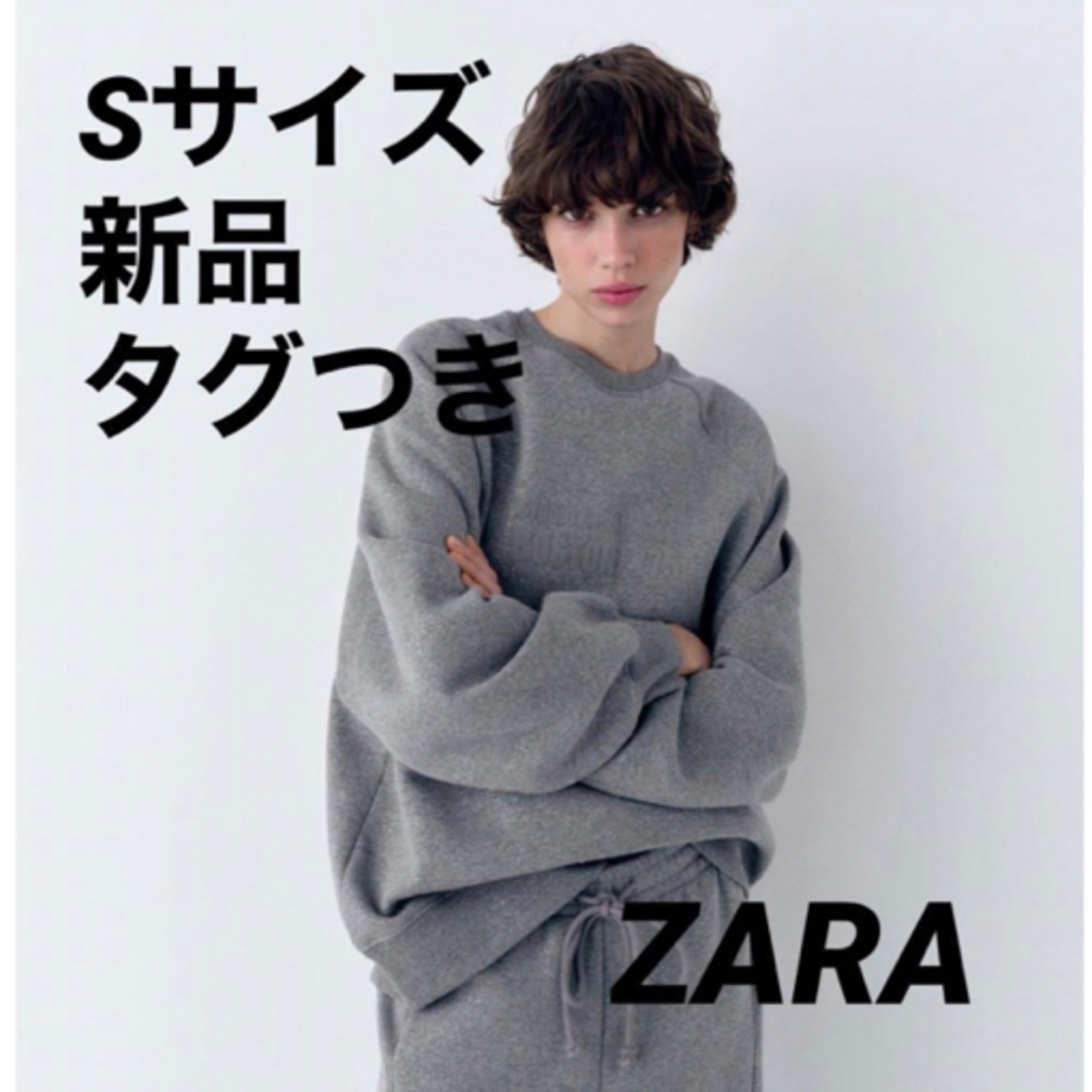 ZARA(ザラ)の【完売品】ZARA シャイニーテキストスウェットシャツ　グレー　S　新品タグつき レディースのトップス(トレーナー/スウェット)の商品写真