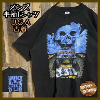 スカル アメ車 プリント XL Tシャツ ブラック USA古着 ガイコツ 黒(Tシャツ/カットソー(半袖/袖なし))