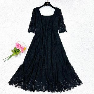 グレースコンチネンタル(GRACE CONTINENTAL)の美品✨グレースクラス 花柄刺繍 ロングワンピース フレア ブラック フリー(ロングワンピース/マキシワンピース)