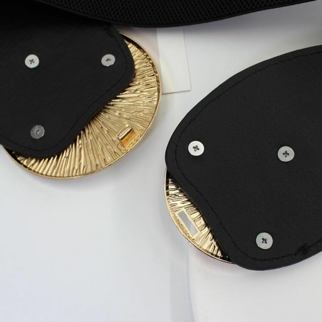 【ブラック】ダブル ゴールドディスク バックル 幅広ゴムベルト レディースのファッション小物(ベルト)の商品写真