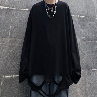 裾ダメージ ロンT ロング Tシャツ　モード　ストリート　メンズ　黒　ブラック (Tシャツ/カットソー(七分/長袖))