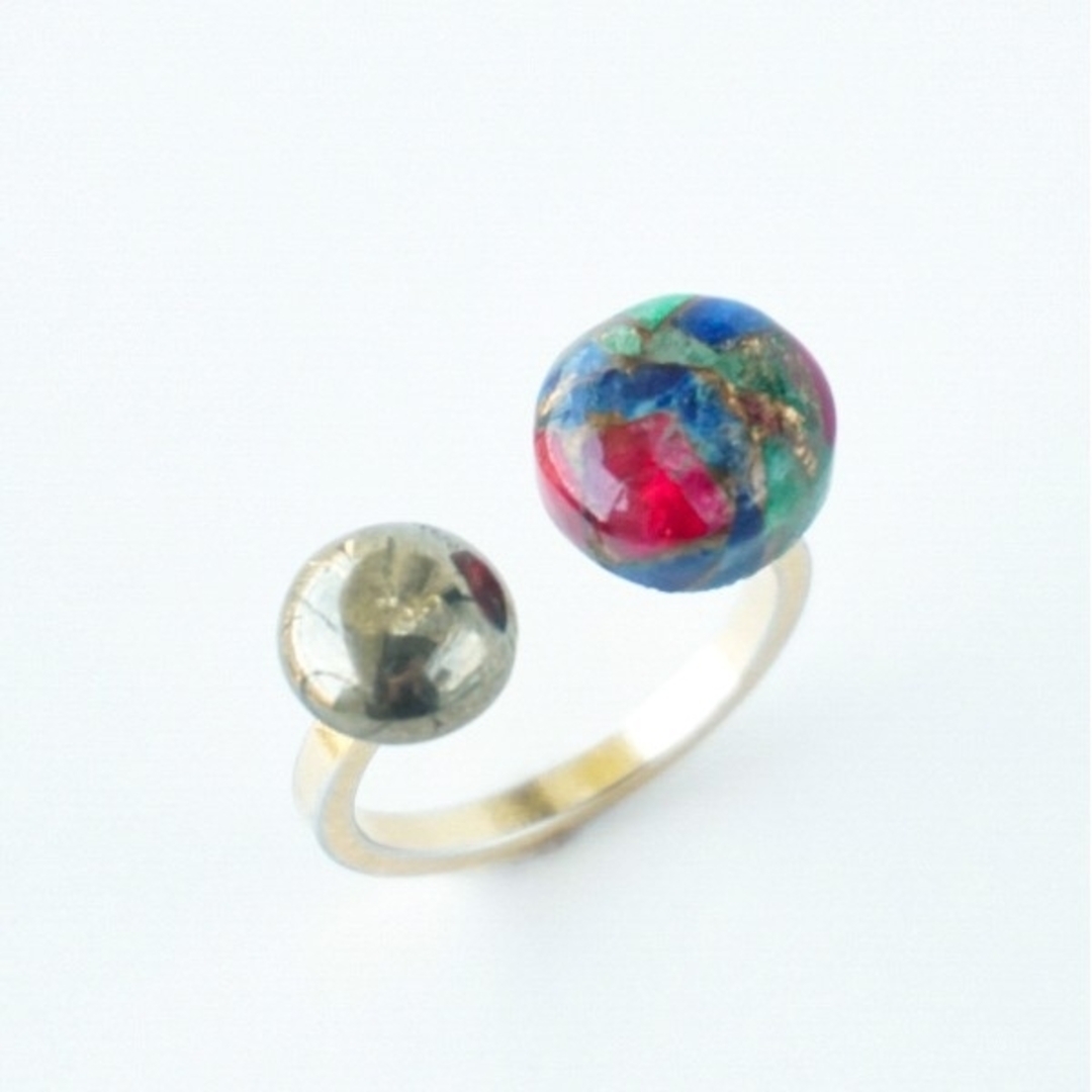 天然石 トルマリン フリーサイズ リング 指輪 フォークリング 一点物 青 赤 レディースのアクセサリー(リング(指輪))の商品写真