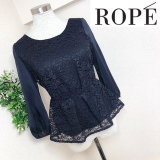 ROPEロペのレースシフォンブラウスM濃紺ネイビー