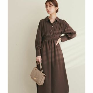 ナチュラルクチュール(natural couture)の【新品タグ付】パール釦ウエストシャーリングシャツワンピース（茶）ブラウン(ロングワンピース/マキシワンピース)