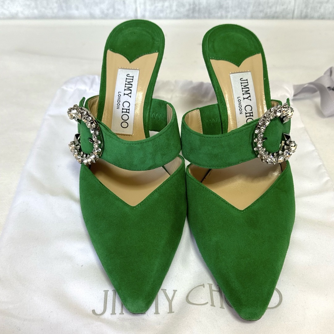 JIMMY CHOO(ジミーチュウ)の【良品】JIMMY CHOO MARTA グリーン クリスタル 37 ミュール レディースの靴/シューズ(ミュール)の商品写真