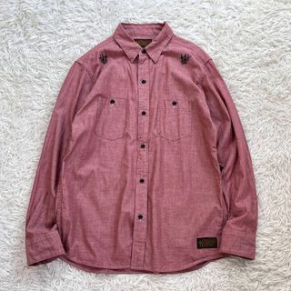 【美品】KUSTOM STYLE シャンブレー ワーク シャツ　ロゴ プリント(Tシャツ/カットソー(七分/長袖))