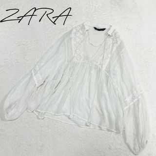 ザラ(ZARA)のZARA ブラウス　レース　バルーンスリーブ　ポンポン　切り替え　Sサイズ(シャツ/ブラウス(長袖/七分))