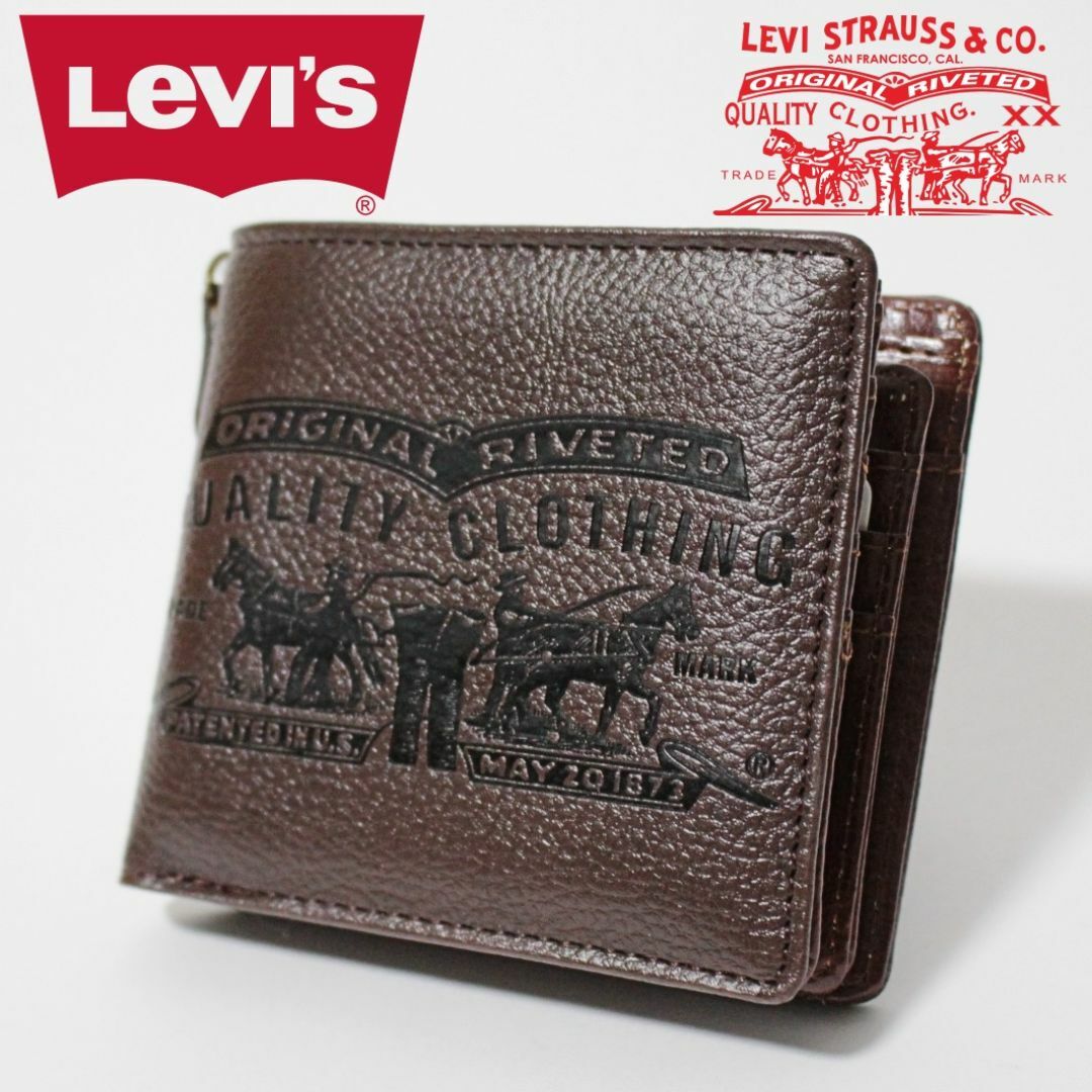 Levi's(リーバイス)の新品 リーバイス ツーホース型押し 窓付き定期入付 エコレザー 二つ折財布 茶系 メンズのファッション小物(折り財布)の商品写真