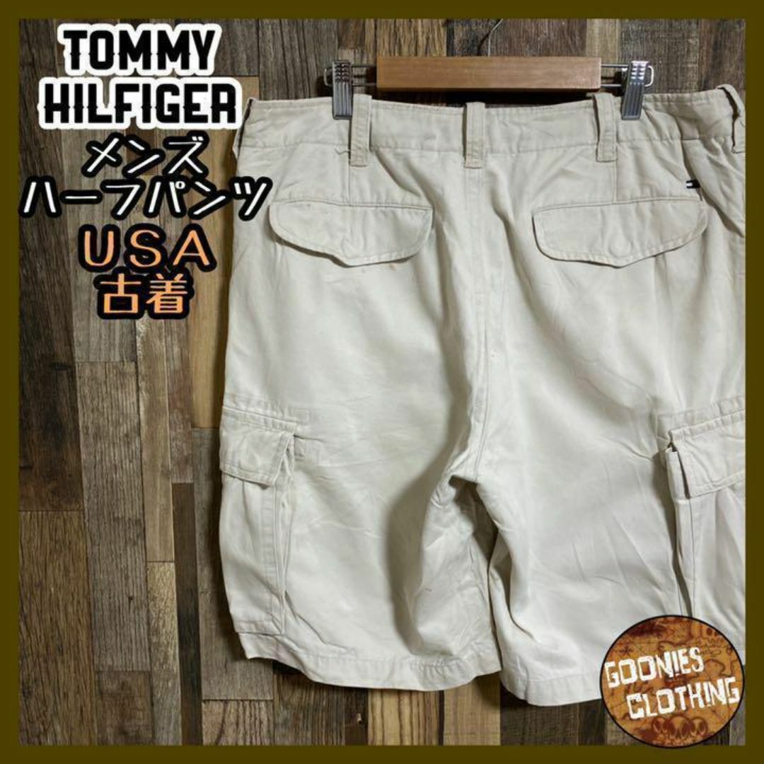 TOMMY HILFIGER(トミーヒルフィガー)のトミーヒルフィガー カーゴパンツ グレージュ ハーフパンツ ロゴ USA古着 メンズのパンツ(ショートパンツ)の商品写真