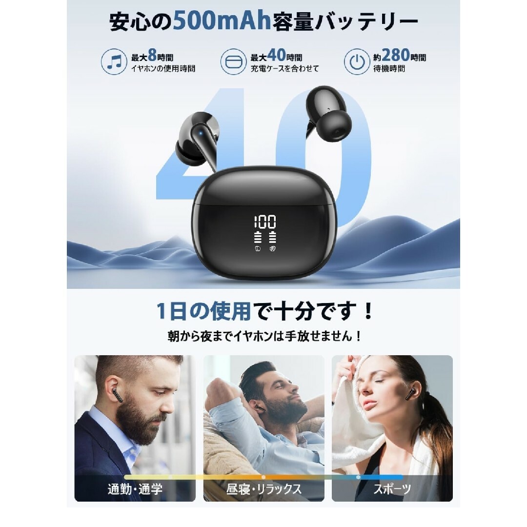 新品 ワイヤレスイヤホン ノイズキャンセリング Bluetooth JGUG スマホ/家電/カメラのオーディオ機器(ヘッドフォン/イヤフォン)の商品写真