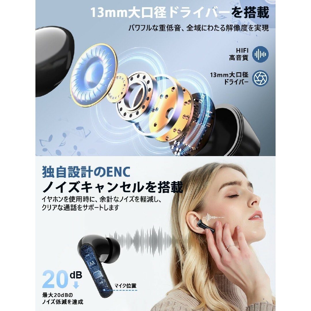 新品 ワイヤレスイヤホン ノイズキャンセリング Bluetooth JGUG スマホ/家電/カメラのオーディオ機器(ヘッドフォン/イヤフォン)の商品写真