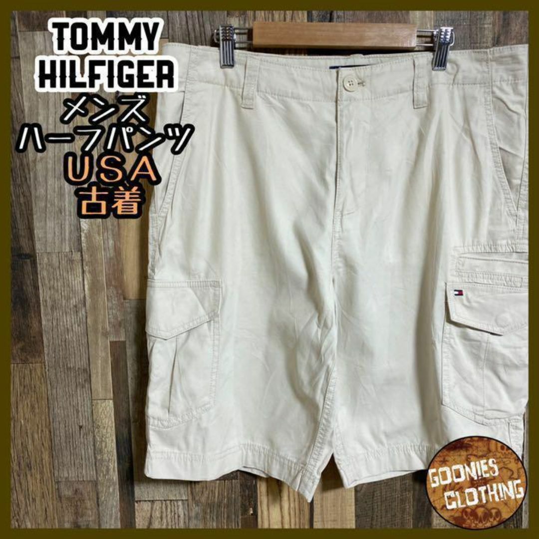 TOMMY HILFIGER(トミーヒルフィガー)のトミーヒルフィガー グレージュ カーゴパンツ ハーフパンツ ロゴUSA古着 メンズのパンツ(ショートパンツ)の商品写真