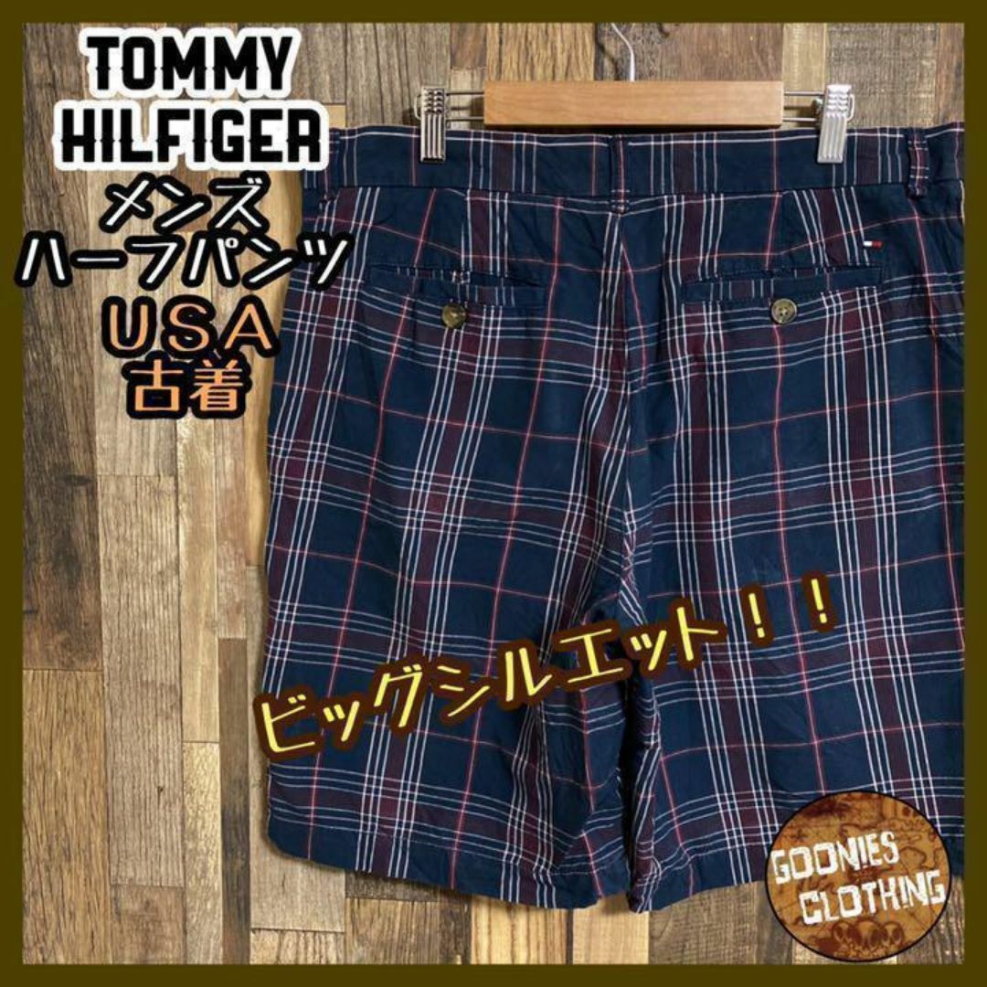 TOMMY HILFIGER(トミーヒルフィガー)のトミーヒルフィガー チェック柄 ハーフ パンツ ネイビー ロゴ 紺 USA古着 メンズのパンツ(ショートパンツ)の商品写真