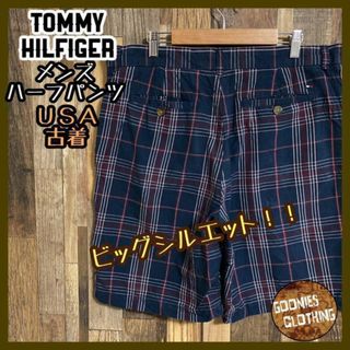 トミーヒルフィガー(TOMMY HILFIGER)のトミーヒルフィガー チェック柄 ハーフ パンツ ネイビー ロゴ 紺 USA古着(ショートパンツ)