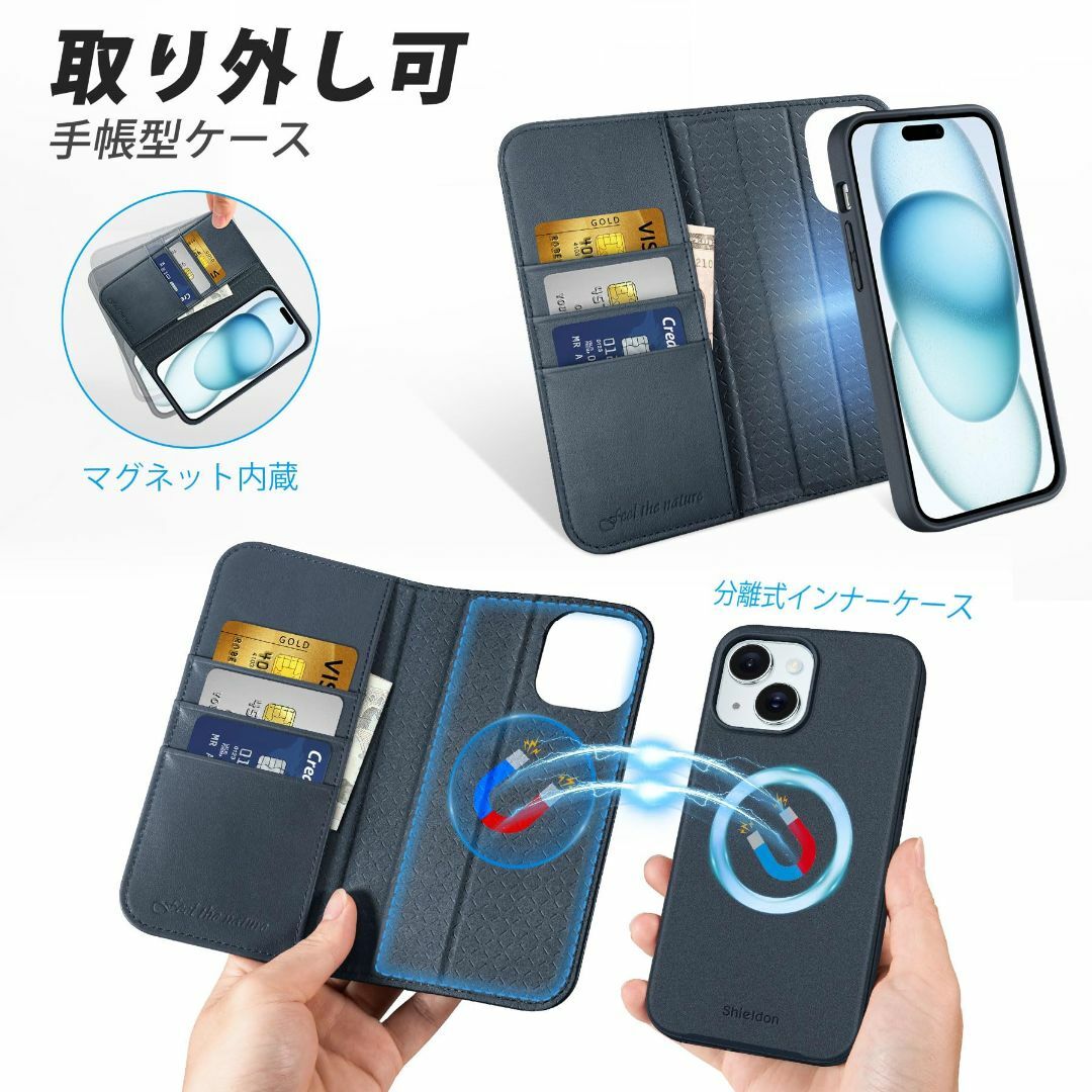 【色: ネイビーブルー(分離式)】SHIELDON iPhone15Plus 対 スマホ/家電/カメラのスマホアクセサリー(その他)の商品写真