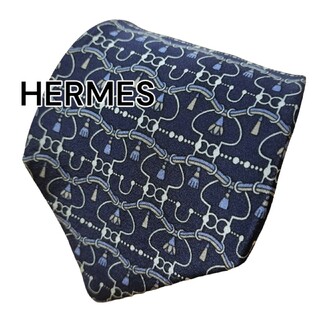 エルメス(Hermes)の【HERMES】　エルメス　ネイビー系　総柄　フランス製(ネクタイ)
