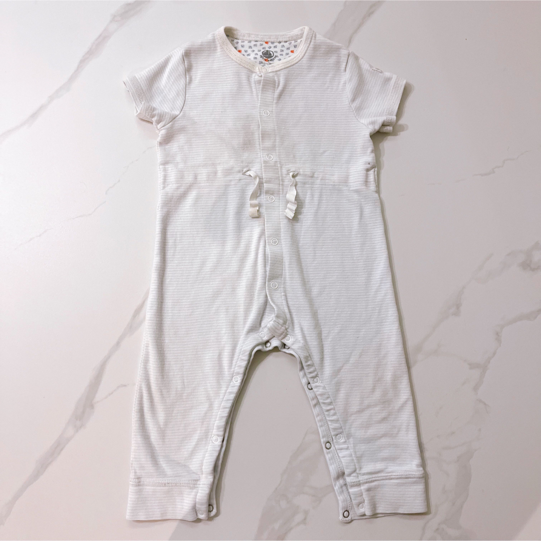 PETIT BATEAU(プチバトー)のプチバトー★12m 細ボーダー　カバーオール　水色　ホワイト キッズ/ベビー/マタニティのベビー服(~85cm)(カバーオール)の商品写真