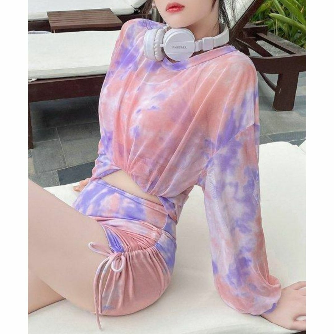 3点セット タンキニ ビキニ ショートパンツ Tシャツ マーブル ピンク L レディースの水着/浴衣(水着)の商品写真
