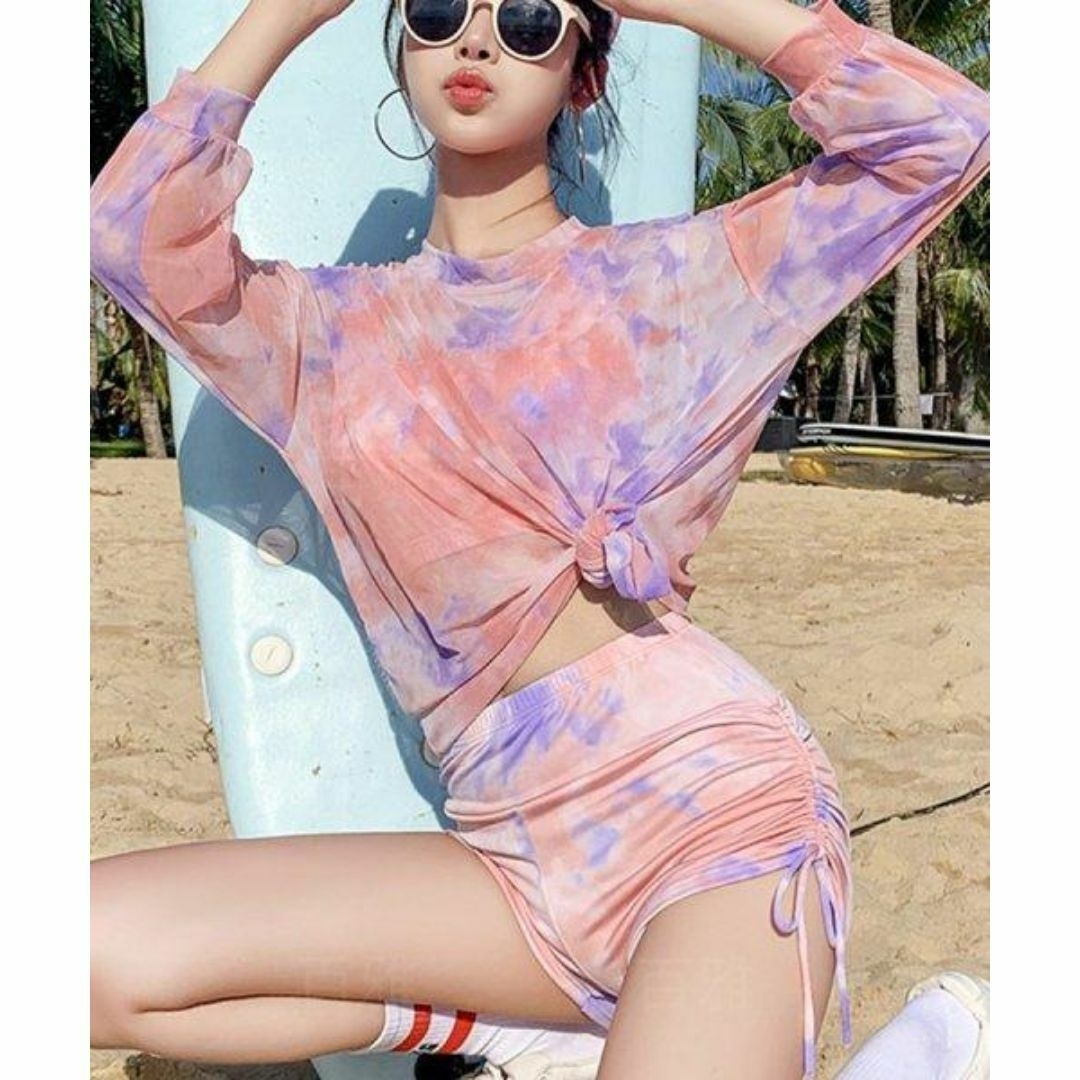 3点セット タンキニ ビキニ ショートパンツ Tシャツ マーブル ピンク M レディースの水着/浴衣(水着)の商品写真