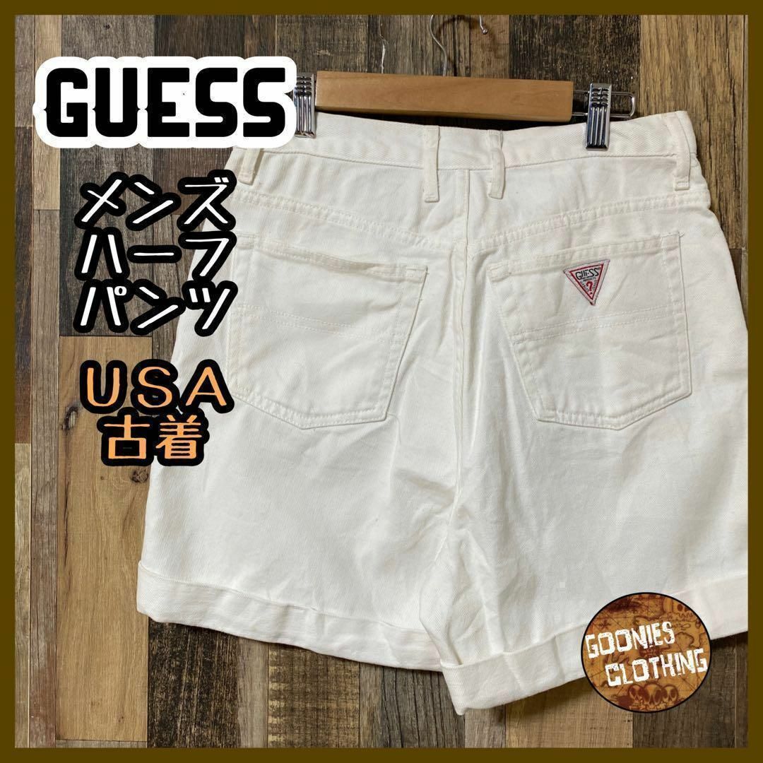 GUESS(ゲス)のゲス メンズ ハーフ M 白 ホワイト ロゴ チノパンツ USA古着 90s メンズのパンツ(ショートパンツ)の商品写真