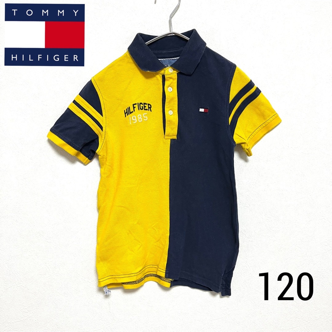 TOMMY HILFIGER(トミーヒルフィガー)のトミーヒルフィガー　ポロシャツ　120 ネイビー　イエロー　半袖　ブランド キッズ/ベビー/マタニティのキッズ服男の子用(90cm~)(Tシャツ/カットソー)の商品写真