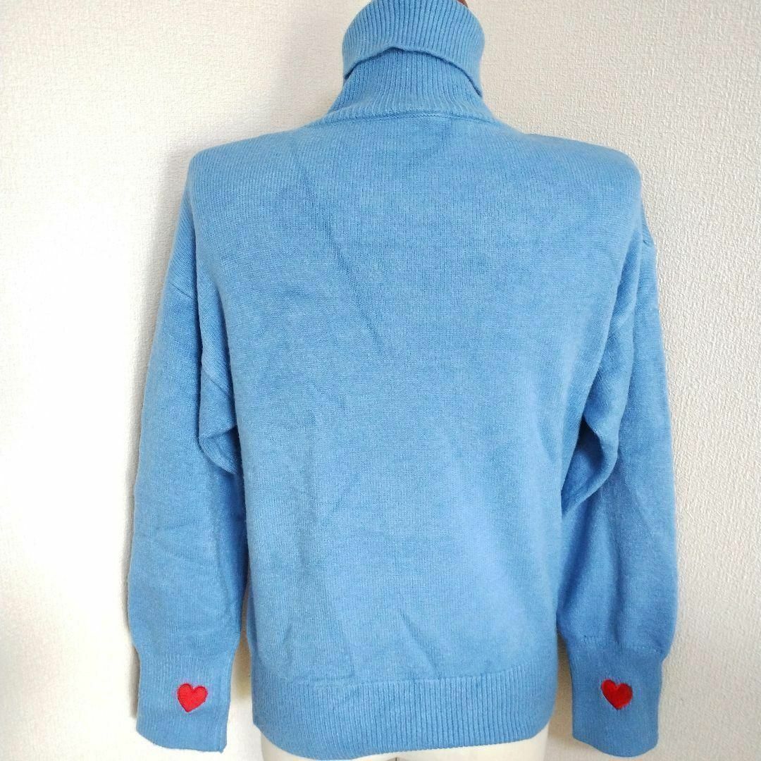 【ブルー色★ＸＬサイズ】ハート刺繍 ハイネック セーター ゆったり大きめ レディースのトップス(ニット/セーター)の商品写真