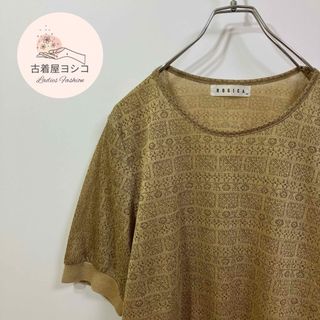 【半袖Tシャツ　透かし柄　幾何学模様　ジャガードデザイン　麻混　ベージュ　古着】(Tシャツ/カットソー(半袖/袖なし))