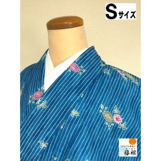 【中古】小紋 交織 青地に草花模様 裄62cm Sサイズ(着物)