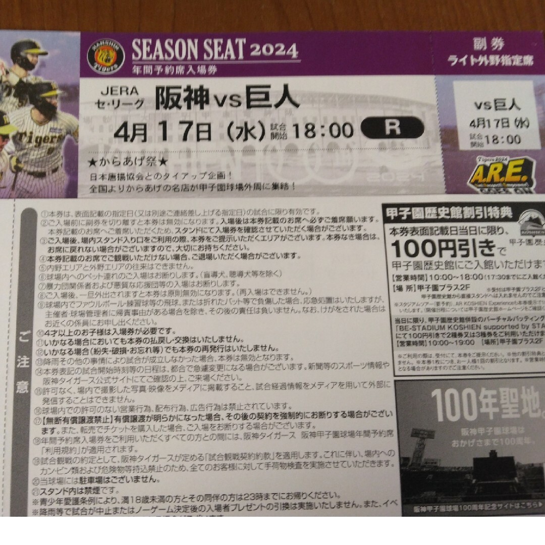 阪神タイガース(ハンシンタイガース)の4/17　阪神vs巨人　ライト外野指定席通路側1枚 チケットのスポーツ(野球)の商品写真