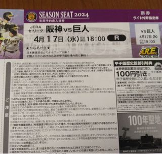 ハンシンタイガース(阪神タイガース)の4/17　阪神vs巨人　ライト外野指定席通路側1枚(野球)