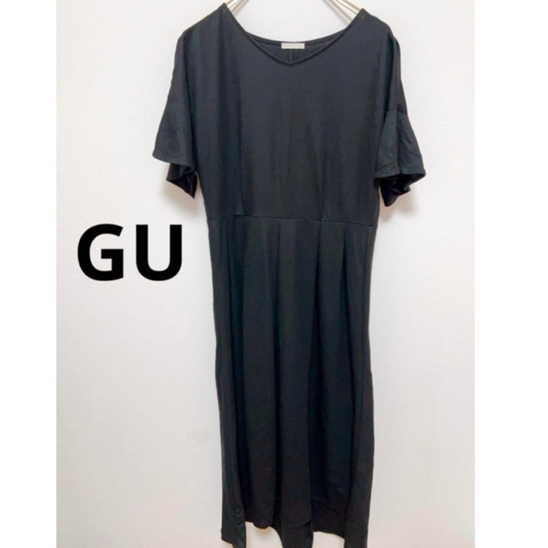 GU(ジーユー)のGU ワンピース　ロング　半袖　Sサイズ　黒色　美品 レディースのワンピース(ロングワンピース/マキシワンピース)の商品写真