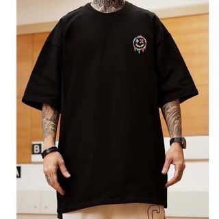 【売れてます】メンズ カラフル 笑顔 ビッグシルエット ストリート 七分袖 黒色(Tシャツ/カットソー(半袖/袖なし))