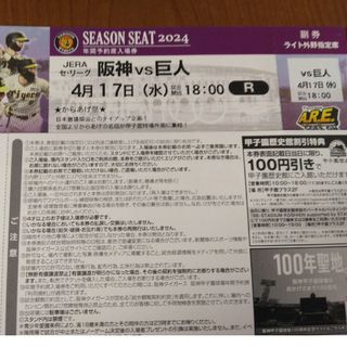 ハンシンタイガース(阪神タイガース)の4/17　阪神vs巨人　ライト外野指定席通路から2席目1枚(野球)