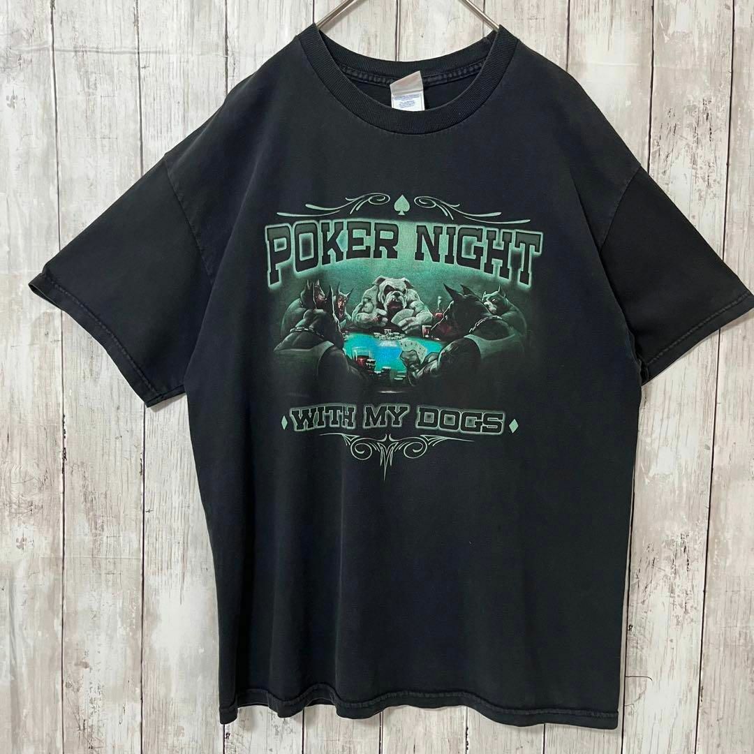 アメリカ古着　オーバーサイズDOGプリントポーカープリントTシャツ　サイズL 黒 メンズのトップス(Tシャツ/カットソー(半袖/袖なし))の商品写真