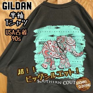 グレー バックプリント USA古着 90s 半袖 Tシャツ ワンポイント ゾウ(Tシャツ/カットソー(七分/長袖))