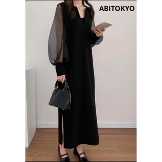 アビトーキョー(ABITOKYO)のABITOKYO 異素材シアースリーブスキッパネックスリットワンピース　M 黒(ロングワンピース/マキシワンピース)