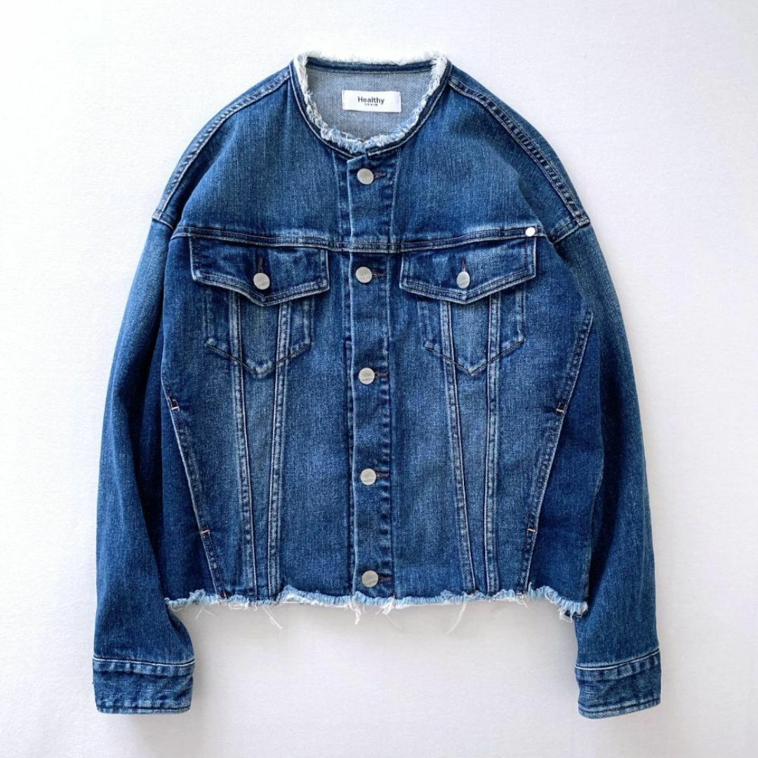 Healthy DENIM(ヘルシーデニム)の新品★ヘルシーデニム　ノーカラーフリンジGジャン　オーバーサイズ　ブルー　S レディースのジャケット/アウター(Gジャン/デニムジャケット)の商品写真