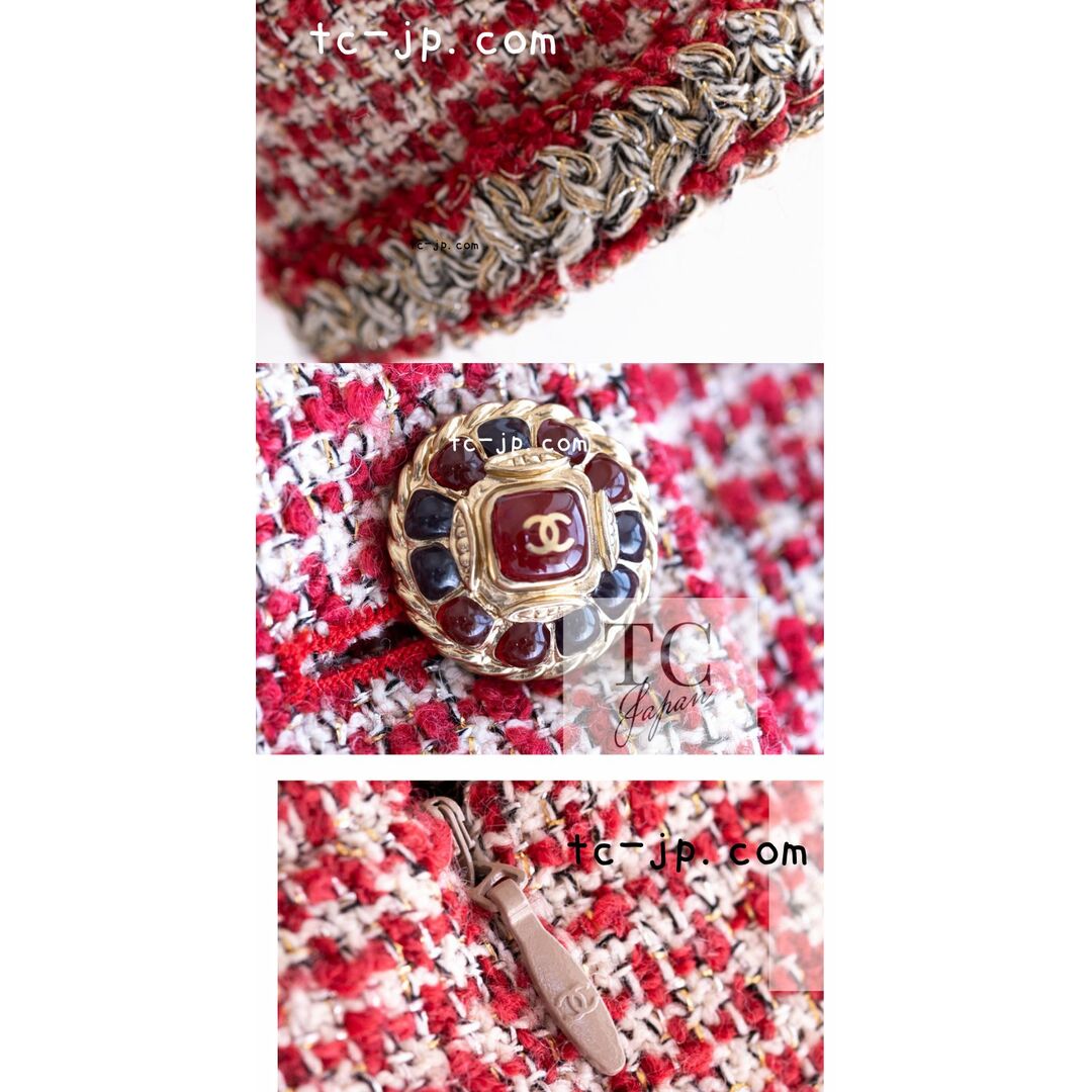 CHANEL(シャネル)のシャネル スーツ CHANEL レッド メタリック ゴールド 木の葉 トリム フリンジ ウール ノーカラー ツイード ジャケット スカート 36 40 レディースのフォーマル/ドレス(スーツ)の商品写真