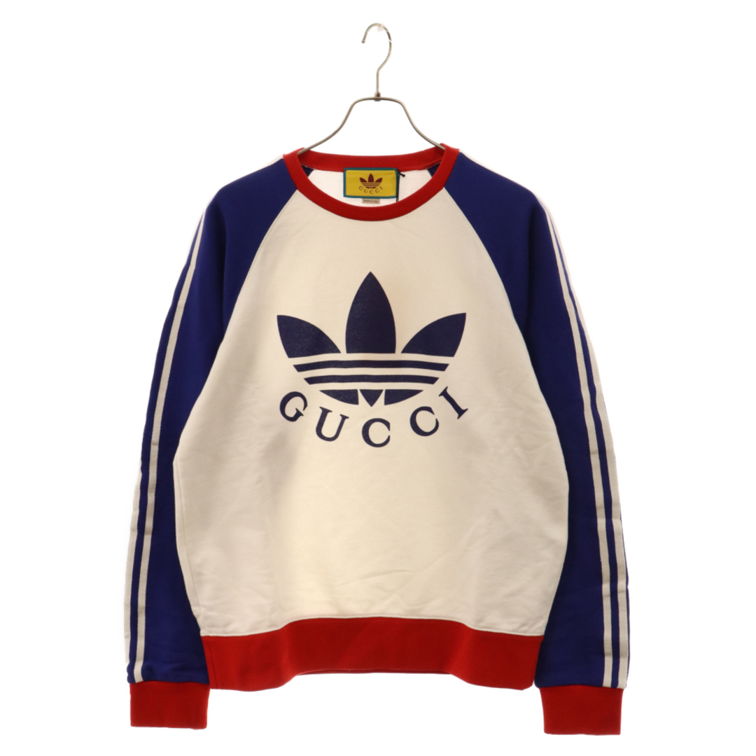 Gucci(グッチ)のGUCCI グッチ 23SS×adidas ロゴプリント3ストライプクルーネックスウェットトレーナー 722951 XJE1K ホワイト/ブルー メンズのトップス(スウェット)の商品写真