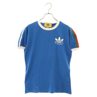 グッチ(Gucci)のGUCCI グッチ ×adidas Trefoil Print T-shirt 691637 XJEKL ロゴプリントタイトフィット半袖Tシャツ ブルー レディース(Tシャツ/カットソー(半袖/袖なし))